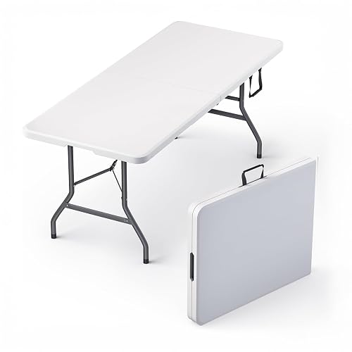 6 Feet Foldable Table with Built in Handle & Steel Legs | 6FT Heavy Duty Folding Portable | Perfect for Party, Dining, Wedding, Events, Picnic Indoor, Outdoor, Camping, Utility, Folding - 6 Foot