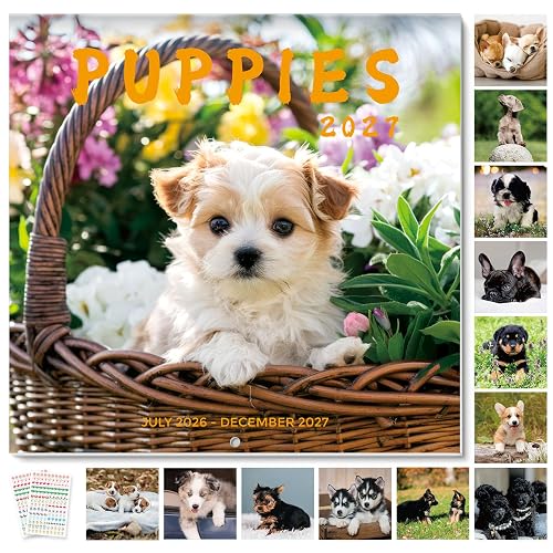 SKYDUE 2026-2027 Wall Calendar 12"x24" Opened, 18-Month Puppy Dog Calendar from July 2026 to December 2027 with Stickers, Thick Paper Monthly Calendar for Home Office Organizing & Planning