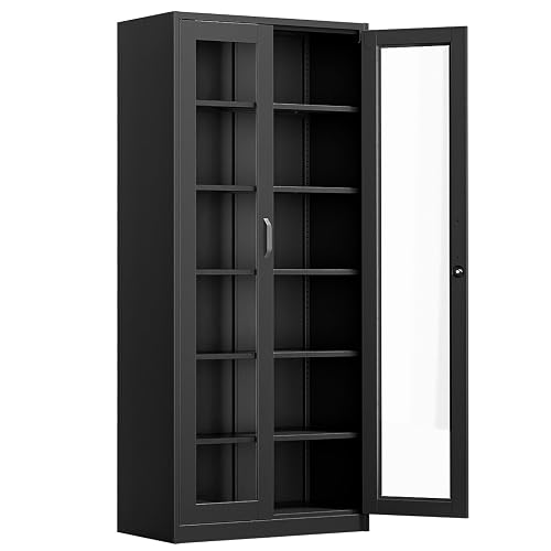 VINGLI Lockable Display Cabinet with Glass Doors & 5 Adjustable Shelves, 71" Tall Black Metal Storage Cabinet Curio Liquor, Bookshelf Bookcase for Home Office Living Room Pantry Garage