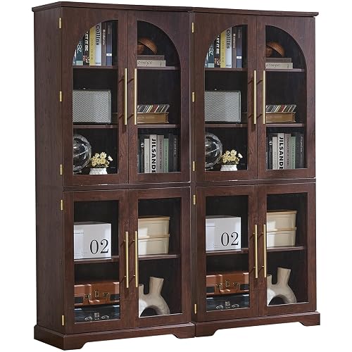 Joaxswe 68" Tall Bookcase with 4 Glass Doors, Farmhouse Bookshelf Set of 2 | 3 Tier Adjustable Shelves, Modern Living Room Display Cabinet, Large Storage Cabinet for Home Office,Dining Room, Walnut