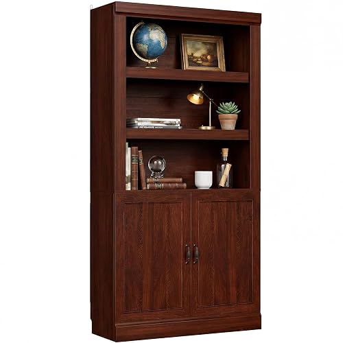 Unikito 71” Tall Bookshelf with Doors and Adjustable Shelves, Cherry | 5-Shelf Storage Bookcase, Thick Wood, Sturdy and Solid, Freestanding Display Cabinet for Living Room, Home Office, Bedroom