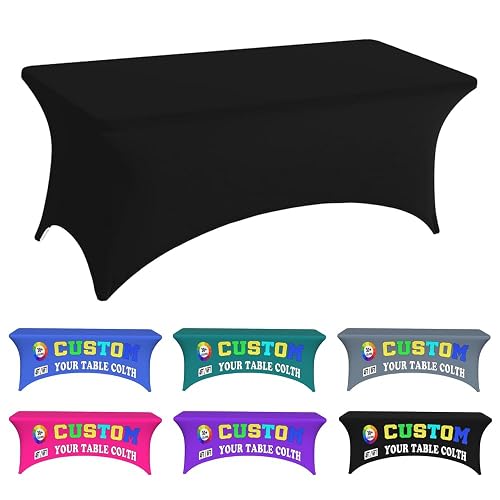 Custom Tablecloth with Business Logo, Personalized Table Cover, Pure Black | Customized Table Cloth with Business Logo for Events, Tradeshow, Party, Outdoor Use, 6FT Blank Black Table Cover