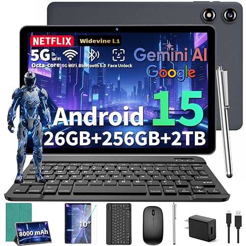 2026 10 Inch Tablet, Gemini AI Android 15 Tablet with Keyboard(Green Case) | 26GB+256GB+2TB Expand, Electronic Tablets PC with Octa-Core, 8000mAh, 5G WiFi, GPS, GMS, 2 in 1 Tablet with Mouse, Stylus