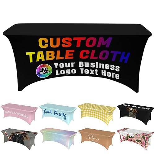 AXKEUDO Custom Tablecloth Personalized Table Cloth with Bussiness Logo Text Photo Table Covers for Events Outdoor Tradeshow Wedding Anniversary Birthday Blue 6 FT