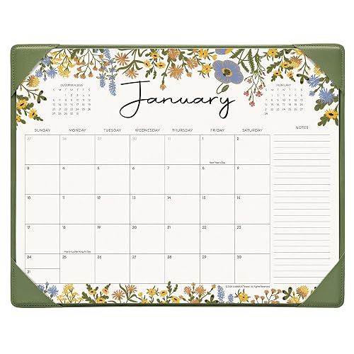 Desk Calendar 2026-2027 with Desktop Mat, Cabbrix Desk Pad Calendar 15 x 12 Inch Runs From Now to December 2027, Floral Design Calendar 2026-2027 for Home School and Office (Green)