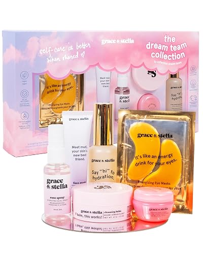 grace & stella Award Winning Skin Care Set - Gift Set for Women | Travel Size Toiletries with Eye Masks, Hyaluronic Acid Serum, Lip Balm & More, Gift Baskets for Women, Vegan Self Care