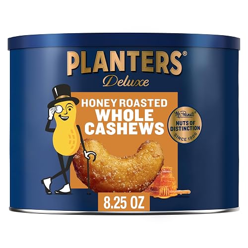 PLANTERS Deluxe Honey Roasted Cashews, Plant Based Protein, 8.25 Oz (1 Ct) | Roasted Cashews. Flavored Cashews. Snacks for Adults. Resealable Canister. Plant Based Protein Snack. Party Mix