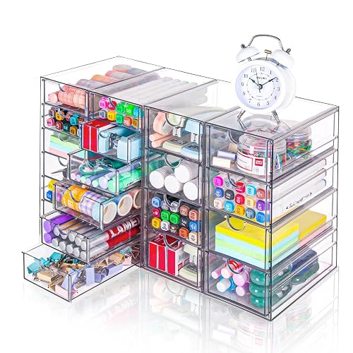 VZKAH Clear Acrylic Desk Organizer with 20 Drawers, 4 Modular Units | 4-piece clear drawer set for office supplies, crafts, makeup, and small daily items on desks, vanities, counters