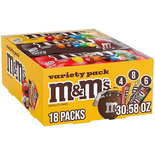 M&M'S Milk Chocolate Candy, Bulk Candy Variety Pack, Full Size, Pack of 18 | Real Milk Chocolate, Peanut, and Peanut Butter Candy, Individually Wrapped Packs for Sharing at Parties, Baking and Gifting