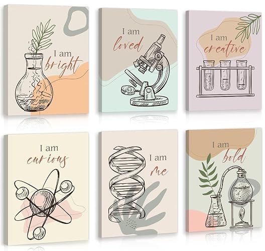 CHDITB Chemical Science Art Print For Classroom, Boho Funny Chemistry Motivational Poster Set Of 6(8x10inch) Middle School Science Explore Canvas Framed Wall Art For Laboratory Lab Library Decor