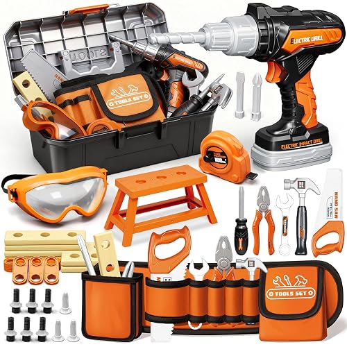 KidBloom Kids Tool Set, 50 Pcs Construction Toys, Toys for 3 Year Old Boys | Toddler Tool Set with Toy Drill, Portable Tool Box & Tool Belt, Pretend Role Play, Christmas Birthday Gifts for 3 4 5 6 7 8