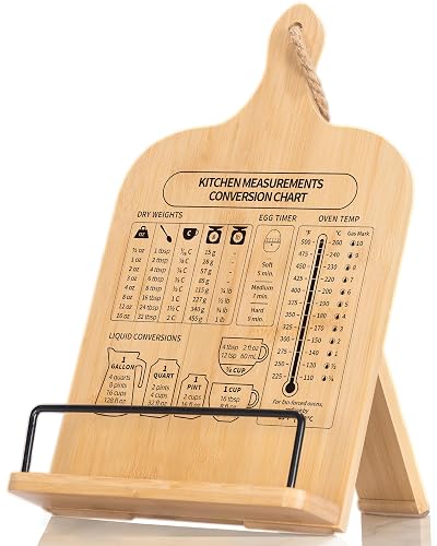 IKEDAS Bamboo Cookbook Stand, Sturdy Recipe Book Holder | CookBook Holder with Measurement Conversion Chart,Cookbook Stand for Kitchen Counters,Accessories for Holding Cookbooks