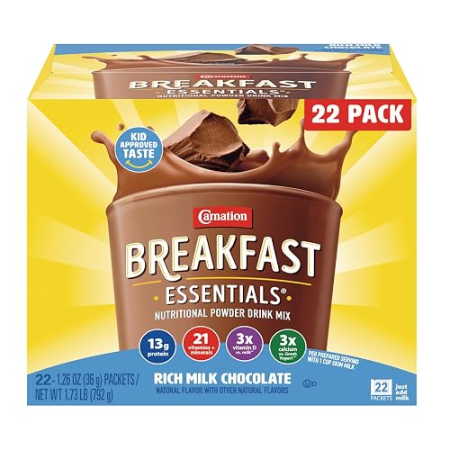 Carnation Breakfast Essentials Original Nutritional Powder Drink Mix | Rich Milk Chocolate, 22 Count Box of 1.26 Ounce Packets