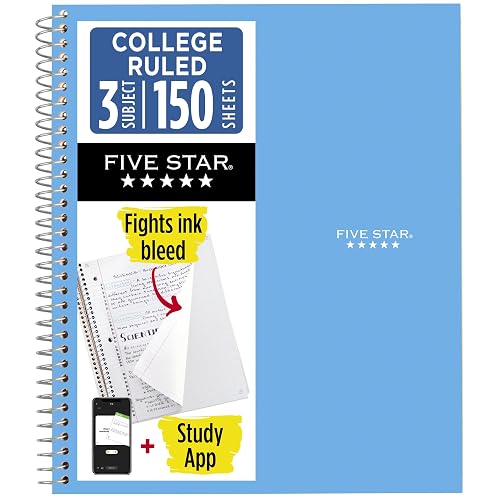 Five Star Spiral Notebook + Study App, 3 Subject, College Ruled Paper, 8.5" x 11", 150 Sheets, Blue (Color May Vary) (820003NH0)