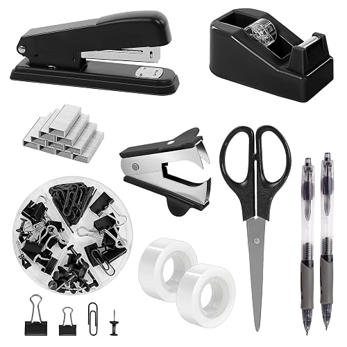 SKYDUE Black Office Supplies Set, Stapler and Tape Dispenser Set,10PCS | Black Desk Accessories with Stapler, Tape Dispenser, Scissors, Binder/Paper Clips and 1000pcs Staples, Desk Supplies Set