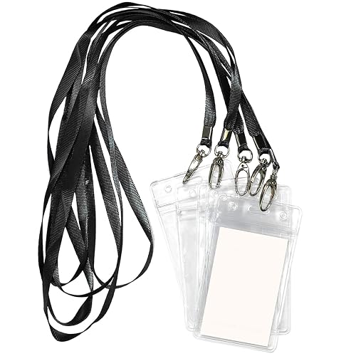 Lanyard with ID Holder 50 Pcs Waterproof Name Tag Vertical Badge ID Card Holders ID Pass Holder and 50 Pcs Flat Neck Black Lanyards Swivel Hook