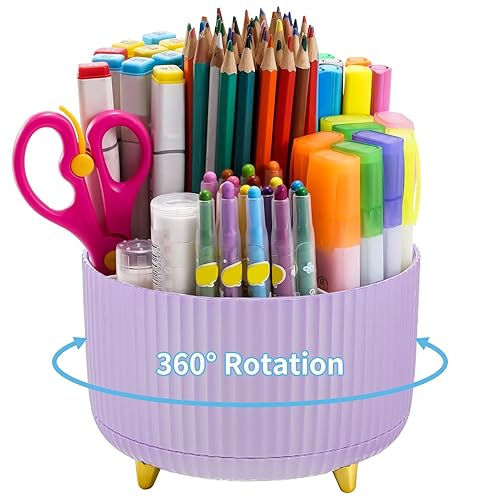 Marbrasse Desk Organizer, 360-Degree Rotating Pen Holder, Desk Organizers and Accessories with 5 Compartments Pencil Holder, Art Supply Storage Box Caddy for Office, Home（Purple）