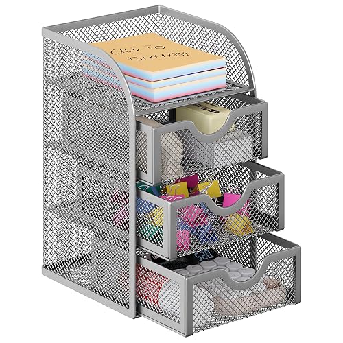 EasyPAG Mesh Desk Organizer with 3 Drawer Office Desktop Organizers and Accessories Stationery Caddy for Office, Home, Students, Silver