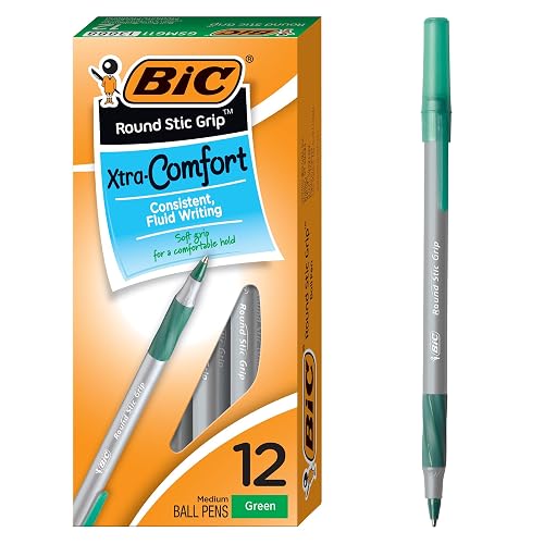 BIC Round Stic Grip Xtra-Comfort Medium Ball Point Pen, Green, 12-Pack | Lightweight Barrel Design, Ideal for Office Use, Polyester Material, Suitable for Kids, Teens, And Adults