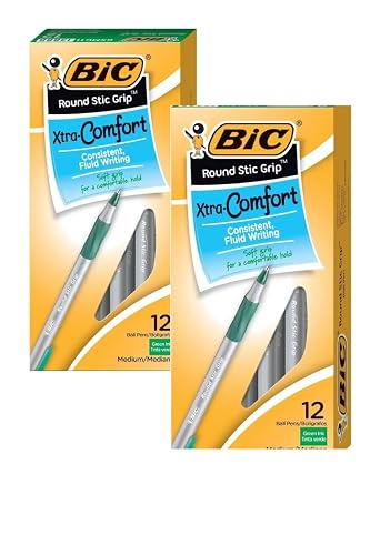 BIC Round Stic Grip Xtra Comfort Ball Pen Medium Pt 1.2mm Green 2DOZEN GSMG11GN