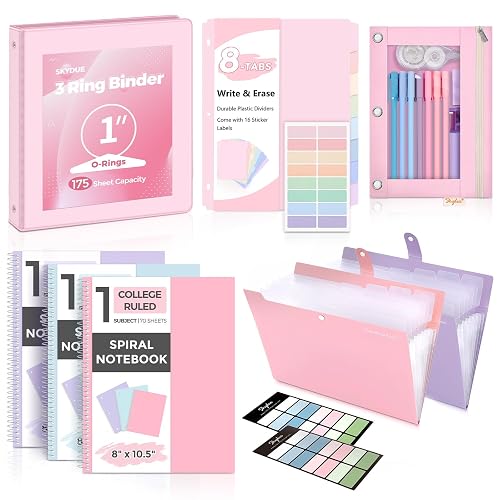 SKYDUE Pink School Supplies Set – 1" 3-Ring Binder, 2 Expanding File Folders, 3 Spiral Notebooks, 8 Tab Dividers & Pencil Pouch – Cute Stationery for High School Stude, College Essentials