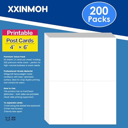 XXINMOH 200 Laser/Inkjet Printable Blank Postcards 4 Per Page, Each Card 4.25" x 5.5", White Blank Postcards for Laser Printers (200 White Matte Cards)