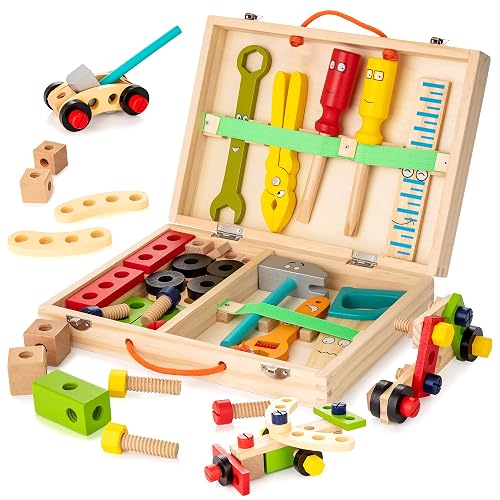 WOODMAM Wooden Kids Tool Set, 37Pcs Learning Construction Toy with Tool Box, Montessori Educational Building Toys Gift for 3+ Years Old Boys Girls
