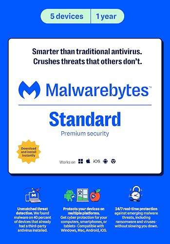 Malwarebytes Standard, Premium Software | 5 Device 1 Year (Windows, Mac OS, Android, Apple iOS, Chrome) [software_key_card]
