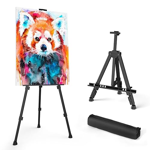 Art Painting Display Easel Stand - Portable Adjustable Floor Artist Easel | Aluminum Metal Tripod Black Stand with Bag, Height from 17" to 66", Sturdy for Table-Top/Floor Painting, Drawing, Displaying