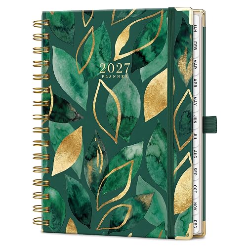 2027 Planner, Weekly and Monthly, Jan 2027 - Dec 2027, 5.7" x 8.3" | 2027 Calendar, Hardcover with Monthly Tabs, 100 GSM Thick Paper, for Women School Home Office Supplies, Golden Emerald Leaves