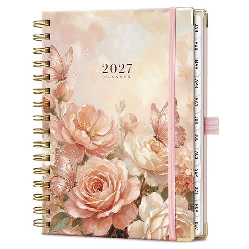 2027 Planner, Weekly and Monthly, Jan 2027 - Dec 2027, 5.7" x 8.3" | 2027 Calendar, Hardcover with Monthly Tabs, 100 GSM Thick Paper, for Women School Home Office Supplies, Pink Rose Butterfly