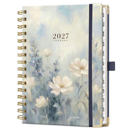2027 Planner, Weekly and Monthly, Jan 2027 - Dec 2027, 5.7" x 8.3" | 2027 Calendar, Hardcover with Monthly Tabs, 100 GSM Thick Paper, for Women School Home Office Supplies, Soft Blue Floral