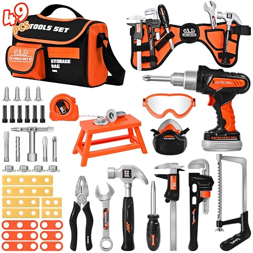 Kids Tool Set 49 PCS Toy Drill Kit with Tool Belt & Bag for Ages 3-8 | Battery-powered drill, portable carrying bag and wearable belt for pretend play construction toys, STEM gift