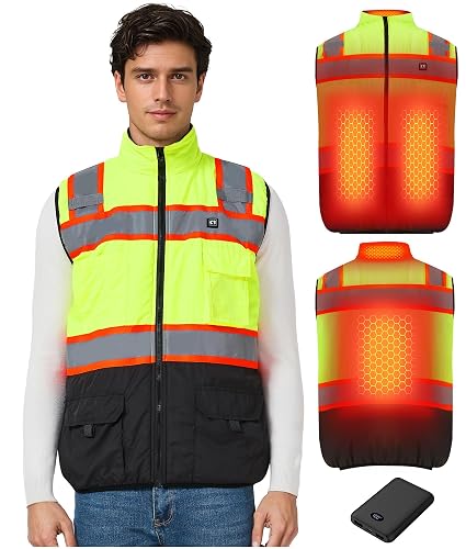 Hi‑Vis Safety Work Heated Vest, Reflective Heating Vest for Men & Women | 5V 10000mAh USB Power Supply, Upgraded Heating Element, Adjustable Heat Settings, for Outdoor Work & Winter Safety
