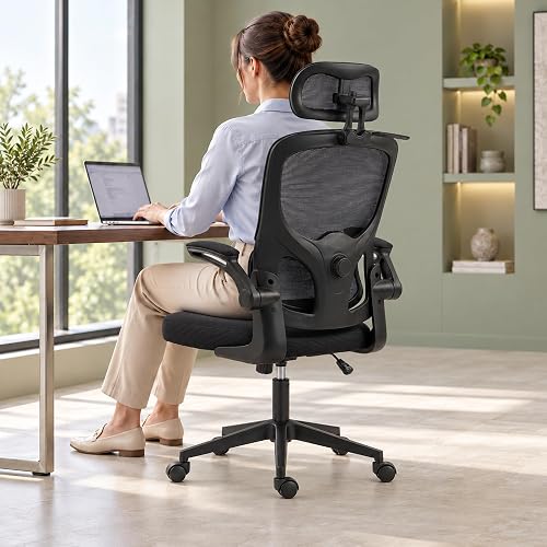 Ergonomic Office Chair, Office Chair Mesh with Flip-Up Arms & Coat Hanger | Home Desk Chair w/ Coat Hook, Adjustable Headrest and Lumber Support, Mesh Computer Gaming Chair, 330 LBS
