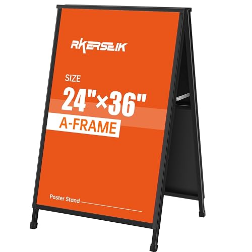 Heavy Duty A-Frame Sidewalks Signs，Sandwich Board Black Coated Steel Metal Portable Double-Sided，Slide-in Folding with 2 Corrugated Plastic Poster Boards (24×36 Double Side （with 2 Plastic Board）)