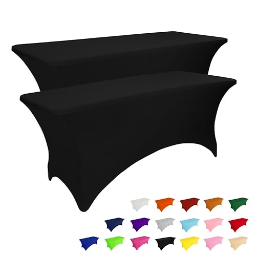 IVAPUPU 2 Pack 4FT Black Table Cloth for Rectangular Spandex Table Cover | Fitted Events Stretch Covers Washable Spandex Tablecloth Protector for Party, Wedding, Cocktail, Banquet, Festival