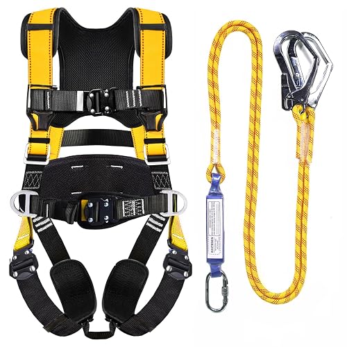 WHITEDEW Fall Protection Premium Safety Harness with Shock Absorbing Lanyard, Vented & Padded Shoulder, Legs & Back - Upgrade 4 Quick Buckles (Yellow)
