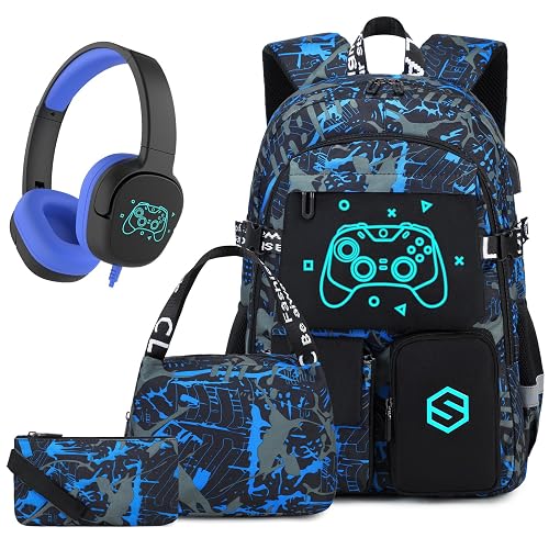 Scothen Boys Backpack, 4PCS Cool Luminous Gamer School Backpacks for Boys with Wired Headphones & Lunch Bag Pencil Case, Kids Backpack Kindergarten Elementary Middle School Book Bags for Teen Boy