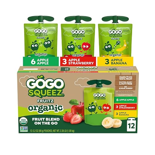 GoGo squeeZ No Sugar Added Organic Applesauce Variety Pack, 12 Count | Kids On The Go Fruit Snack with Apple, Strawberry & Banana; 3.2 Oz Pouches, Gluten and Nut Free, Recloseable Cap, BPA-Free