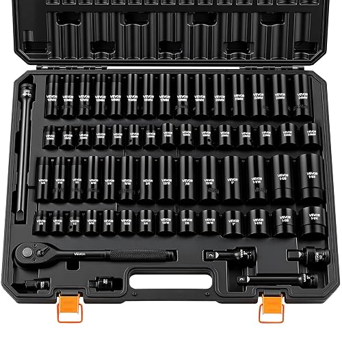 VEVOR 1/2" Drive Impact Socket Set, 65 Piece Socket Set SAE 3/8" to 1-1/4" and Metric 10-24mm, 6 Point Cr-V Alloy Steel for Auto Repair, Rugged Construction, Easy-to-Read Size Markings, Storage Case