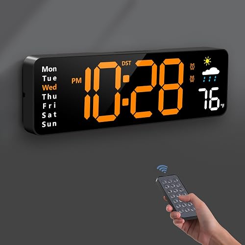 Digital Wall Clock, Digital Clock Large Display with Remote Control, Corded LED Alarm Clocks with Date, Week, Temp, Humidity, Auto DST, Countdown, for Living Room Bedroom Classroom Office (Orange)