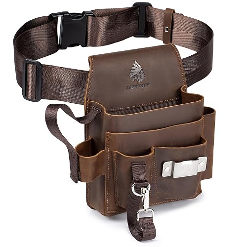 Genuine Leather Electrician Tool Pouch and Belt, Adjustable Leather Tool Belt with Multi-Pockets for Electricians, Brown