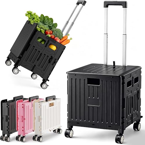 SUNALLY Folding Utility Cart Rolling Crate Handcart Shopping Trolley, Black | Lockable Collapsible Tool Box with Lid, Rolling Crate With Wheels for Grocery, Travel, Garden, Shop, Office, Luggage, Teacher