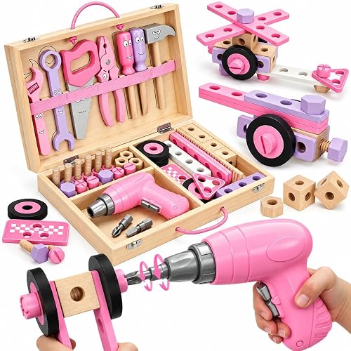 WEMEMORN Kids Tool Set with Electric Drill, 46 Pcs Pink Wooden Toddler Play Tools Set with Tool Box, Montessori STEM Educational Construction Building Toy for 3 4 5 6 Year Old Girls Birthday Gifts