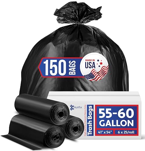 55-60 Gallon Trash Bags Heavy Duty, Bulk 150 Pack Large Black, Made in USA | Commercial Trash Can Liners, Star-Seal Bottom, Big Garbage Bags for Lawn & Leaf Cleanup, Industrial & Residential Use