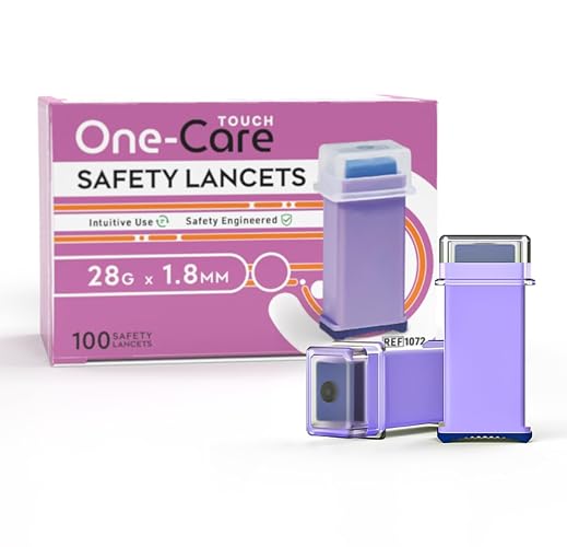 ONE-CARE Touch, Safety Lancets, 28G x 1.8mm,100/bx, Pressure- Activated | Single Use, Pressure Activation, Fingerstick, Glucose Testing at Home, Twist-Off Cap, Comfortable Sampling