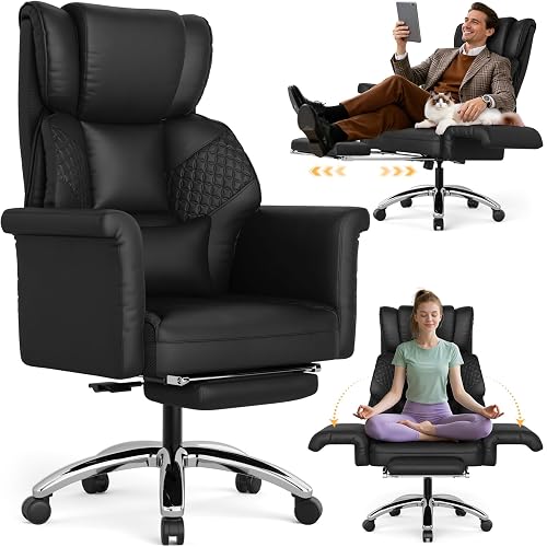 Ergonomic Office Chair with Footrest, Criss Cross Legged Desk Chair with Flip-Up Arms, Wider Thicker Spring Seat, Lumbar Pillow, Pet-Friendly, 500LBS Big and Tall Heavy-Duty Executive Leather Chair
