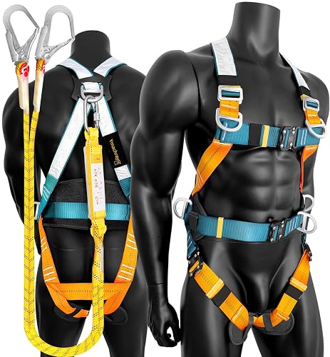 Ymachray Universal Full-Body Fall Protection Safety Harness with 5 D-Ring and Mating Buckle Legs | Tongue Buckle& Quick Release| Shock Absorbing Lanyard (OSHA/ANSI) (Reflective Full Body Harness)