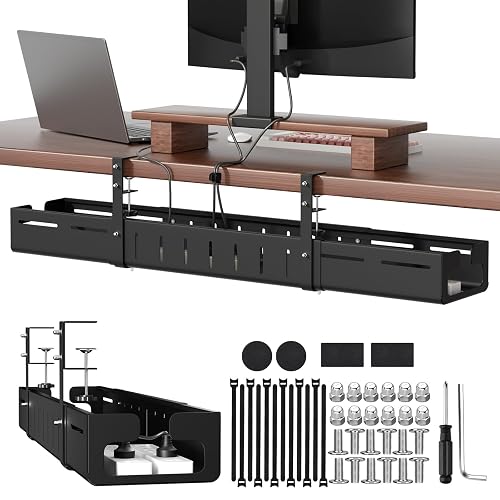 Under Desk Cable Management Tray,25.2"–38.6" Expandable Cable Tray,Black | No Drill Clamp on Cable Management,Heavy Duty Carbon Steel Desk Cable Organizer,Cord Organizer for Office Home